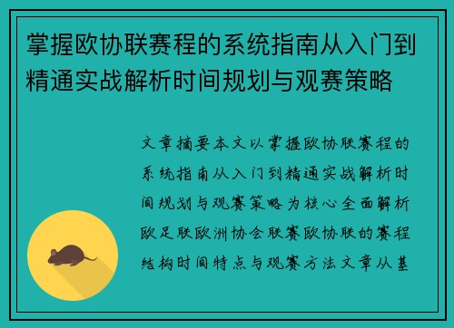 掌握欧协联赛程的系统指南从入门到精通实战解析时间规划与观赛策略 掌握欧协联赛程的系统指南从入门到精通实战解析时间规划与观赛策略