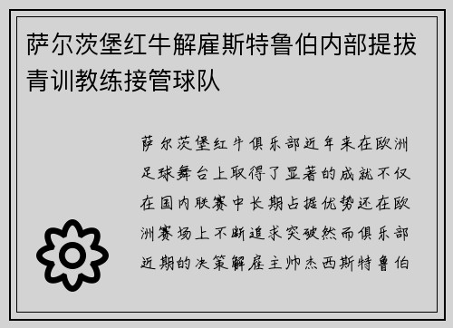 萨尔茨堡红牛解雇斯特鲁伯内部提拔青训教练接管球队 萨尔茨堡红牛解雇斯特鲁伯内部提拔青训教练接管球队
