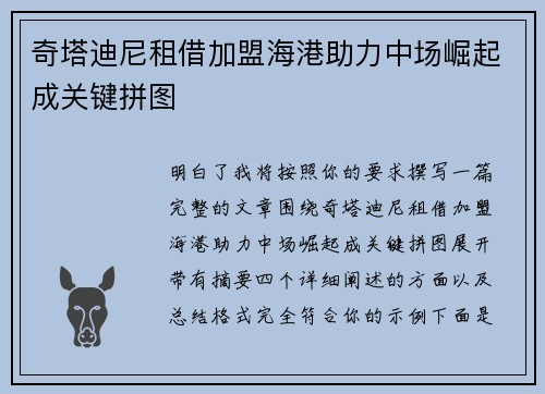 奇塔迪尼租借加盟海港助力中场崛起成关键拼图